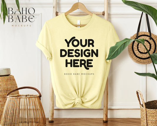 Bella Canvas 3001 HEATHER FRENCH VANILLA T-shirt Mockup | Boho Babe Hanging Mockup Design Vol.1