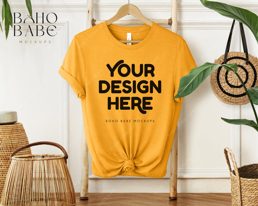 Bella Canvas 3001 HEATHER GOLD T-shirt Mockup | Boho Babe Hanging Mockup Design Vol.1