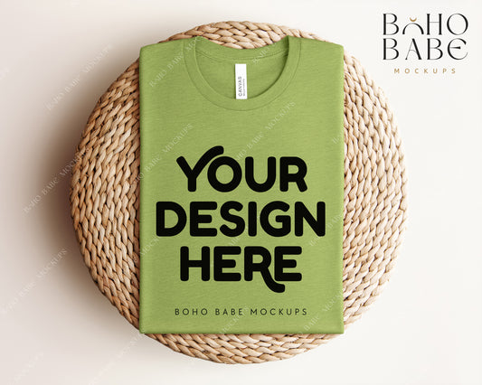 Bella Canvas 3001 HEATHER GRASS T-shirt Mockup | Boho Babe Folded Mockup Design Vol.1