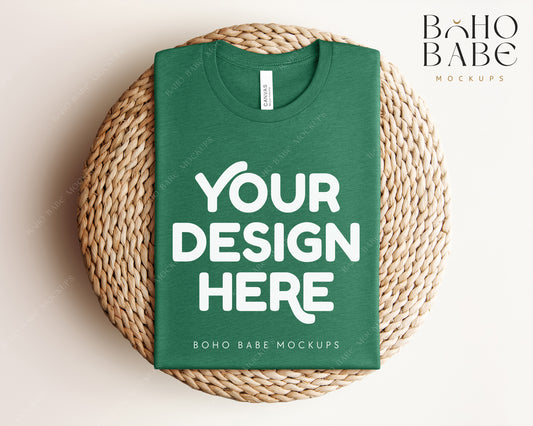 Bella Canvas 3001 HEATHER GRASS GREEN T-shirt Mockup | Boho Babe Folded Mockup Design Vol.1
