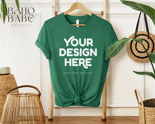 Bella Canvas 3001 HEATHER GRASS GREEN T-shirt Mockup | Boho Babe Hanging Mockup Design Vol.1