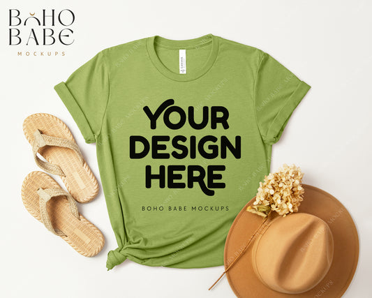 Bella Canvas 3001 HEATHER GREEN T-shirt Mockup | Boho Design | Flatlay Vol.3