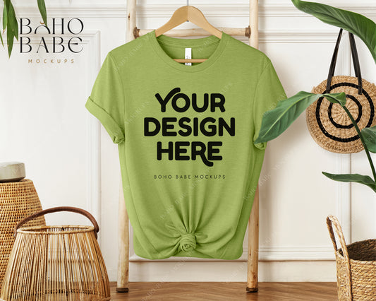 Bella Canvas 3001 HEATHER GREEN T-shirt Mockup | Boho Babe Hanging Mockup Design Vol.1