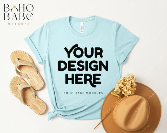 Bella Canvas 3001 HEATHER ICE BLUE T-shirt Mockup | Boho Design | Flatlay Vol.3