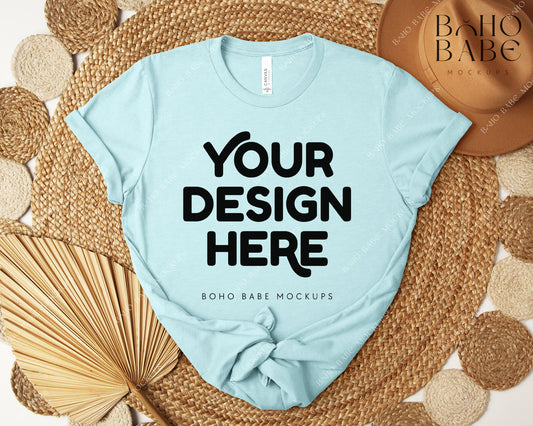 Bella Canvas 3001 HEATHER ICE BLUE T-shirt Mockup | Boho Design | Flatlay Vol.5