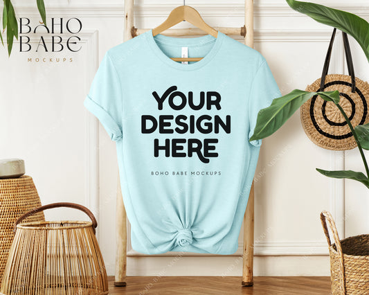 Bella Canvas 3001 HEATHER ICE BLUE T-shirt Mockup | Boho Babe Hanging Mockup Design Vol.1