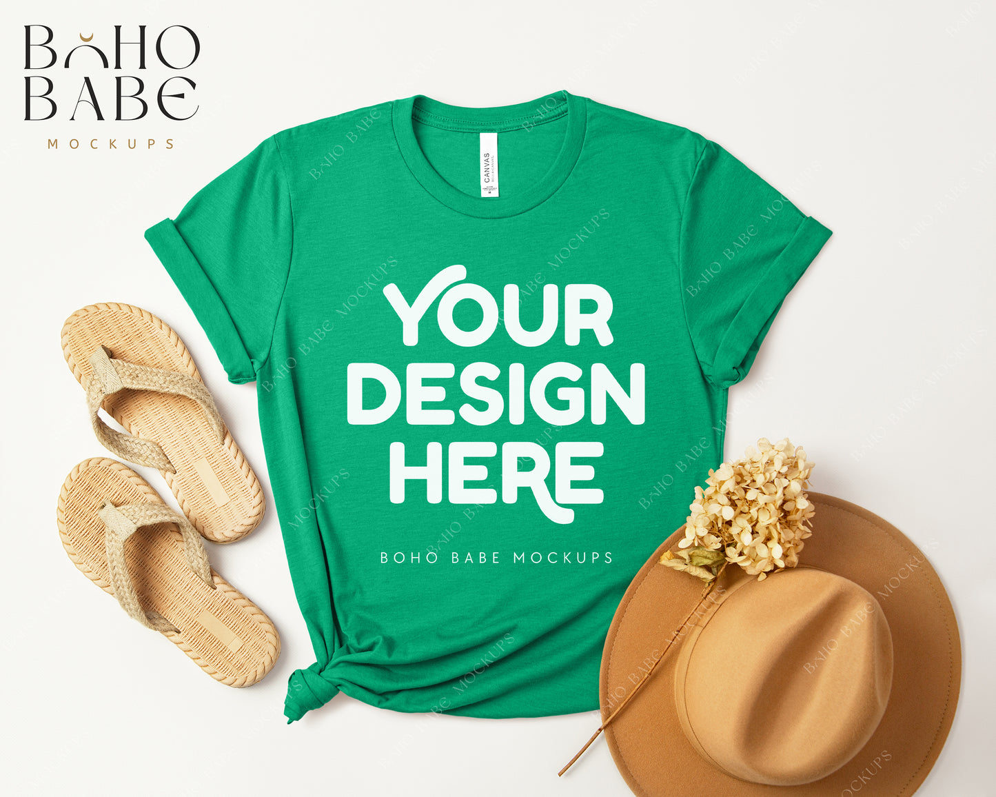 Bella Canvas 3001 HEATHER KELLY T-shirt Mockup | Boho Design | Flatlay Vol.3