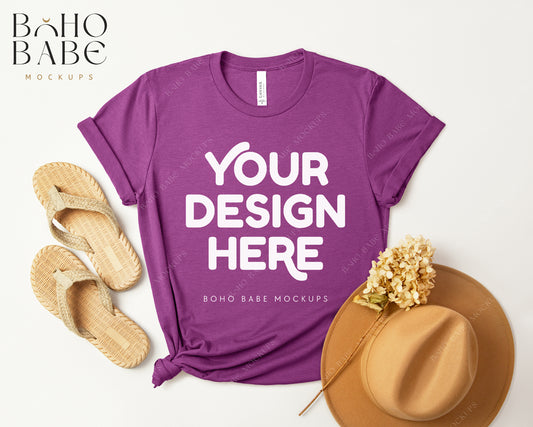 Bella Canvas 3001 HEATHER MAGENTA T-shirt Mockup | Boho Design | Flatlay Vol.3