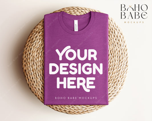 Bella Canvas 3001 HEATHER MAGENTA T-shirt Mockup | Boho Babe Folded Mockup Design Vol.1