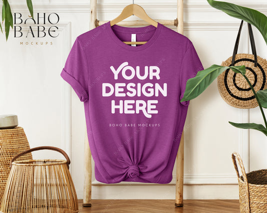 Bella Canvas 3001 HEATHER MAGENTA T-shirt Mockup | Boho Babe Hanging Mockup Design Vol.1