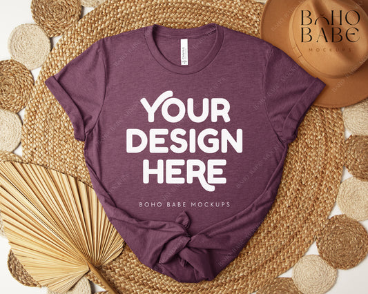 Bella Canvas 3001 HEATHER MAROON T-shirt Mockup | Boho Design | Flatlay Vol.5