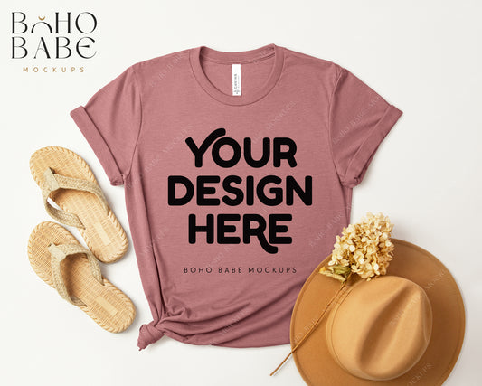 Bella Canvas 3001 HEATHER MAUVE T-shirt Mockup | Boho Design | Flatlay Vol.3