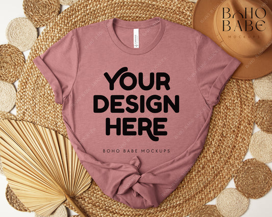 Bella Canvas 3001 HEATHER MAUVE T-shirt Mockup | Boho Design | Flatlay Vol.5