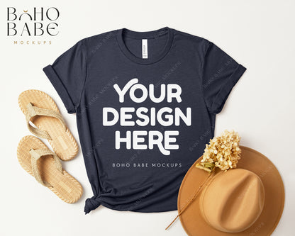 Bella Canvas 3001 HEATHER MIDNIGHT NAVY T-shirt Mockup | Boho Design | Flatlay Vol.3