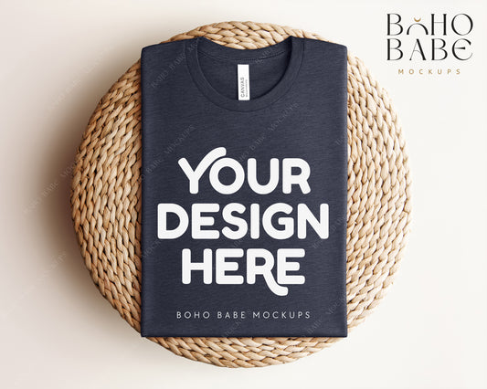 Bella Canvas 3001 HEATHER MIDNIGHT NAVY T-shirt Mockup | Boho Babe Folded Mockup Design Vol.1