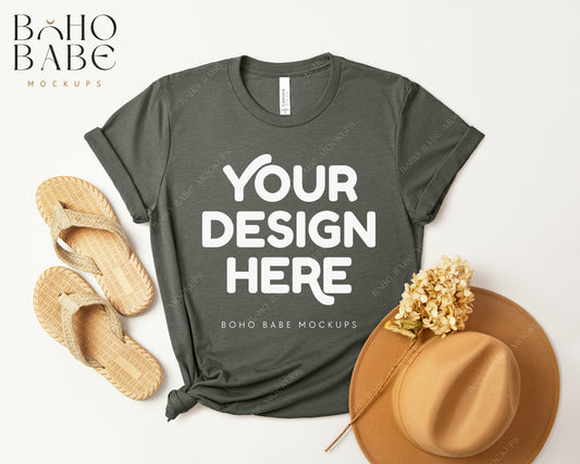 Bella Canvas 3001 HEATHER MILITARY GREEN T-shirt Mockup | Boho Design | Flatlay Vol.3