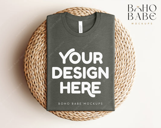 Bella Canvas 3001 HEATHER MILITARY GREEN T-shirt Mockup | Boho Babe Folded Mockup Design Vol.1
