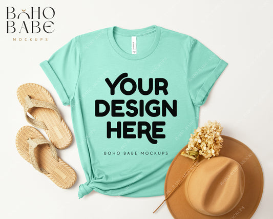 Bella Canvas 3001 HEATHER MINT T-shirt Mockup | Boho Design | Flatlay Vol.3