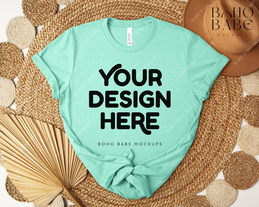 Bella Canvas 3001 HEATHER MINT T-shirt Mockup | Boho Design | Flatlay Vol.5
