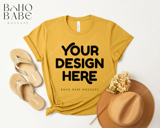 Bella Canvas 3001 HEATHER MUSTARD T-shirt Mockup | Boho Design | Flatlay Vol.3