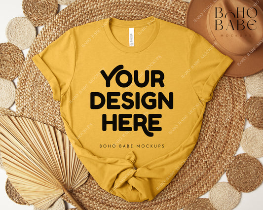 Bella Canvas 3001 HEATHER MUSTARD T-shirt Mockup | Boho Design | Flatlay Vol.5