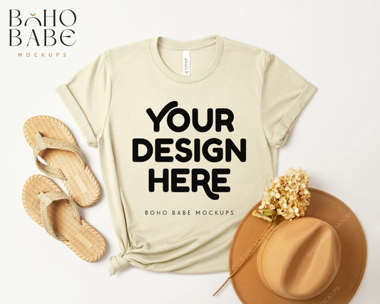 Bella Canvas 3001 HEATHER NATURAL T-shirt Mockup | Boho Design | Flatlay Vol.3