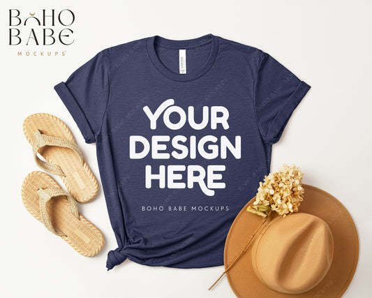 Bella Canvas 3001 HEATHER NAVY T-shirt Mockup | Boho Design | Flatlay Vol.3