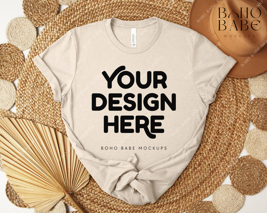 Bella Canvas 3001 HEATHER OATMEAL T-shirt Mockup | Boho Design | Flatlay Vol.5