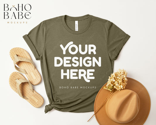 Bella Canvas 3001 HEATHER OLIVE T-shirt Mockup | Boho Design | Flatlay Vol.3