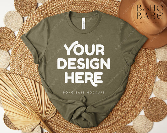 Bella Canvas 3001 HEATHER OLIVE T-shirt Mockup | Boho Design | Flatlay Vol.5