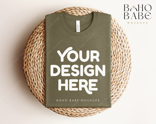 Bella Canvas 3001 HEATHER OLIVE T-shirt Mockup | Boho Babe Folded Mockup Design Vol.1