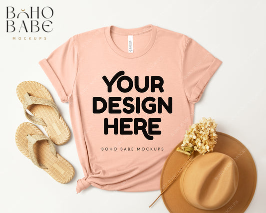 Bella Canvas 3001 HEATHER PEACH T-shirt Mockup | Boho Design | Flatlay Vol.3