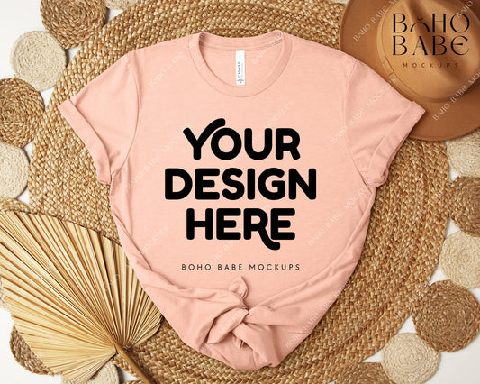 Bella Canvas 3001 HEATHER PEACH T-shirt Mockup | Boho Design | Flatlay Vol.5