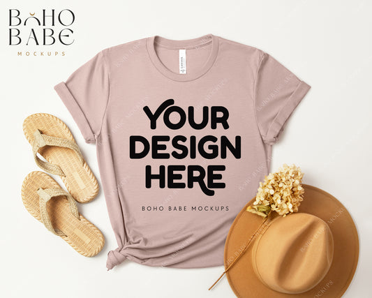 Bella Canvas 3001 HEATHER PINK GRAVEL T-shirt Mockup | Boho Design | Flatlay Vol.3
