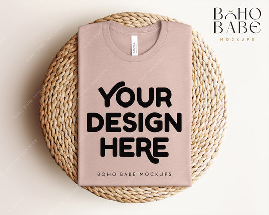 Bella Canvas 3001 HEATHER PINK GRAVEL T-shirt Mockup | Boho Babe Folded Mockup Design Vol.1