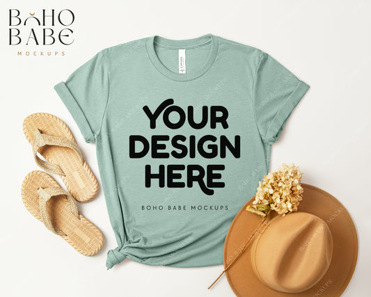 Bella Canvas 3001 HEATHER PRISM DUSTY BLUE T-shirt Mockup | Boho Design | Flatlay Vol.3