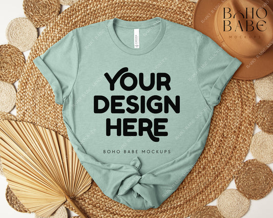 Bella Canvas 3001 HEATHER PRISM DUSTY BLUE T-shirt Mockup | Boho Design | Flatlay Vol.5