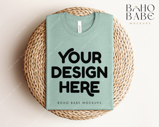 Bella Canvas 3001 HEATHER PRISM DUSTY BLUE T-shirt Mockup | Boho Babe Folded Mockup Design Vol.1