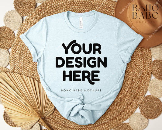 Bella Canvas 3001 HEATHER PRISM ICE BLUE T-shirt Mockup | Boho Design | Flatlay Vol.5