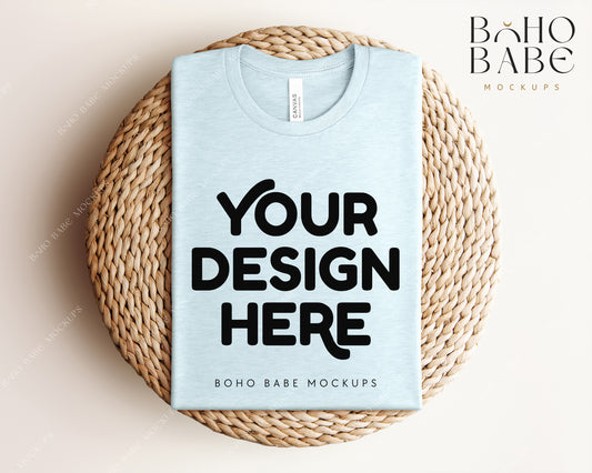 Bella Canvas 3001 HEATHER PRISM ICE BLUE T-shirt Mockup | Boho Babe Folded Mockup Design Vol.1