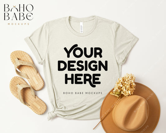 Bella Canvas 3001 HEATHER PRISM NATURAL T-shirt Mockup | Boho Design | Flatlay Vol.3