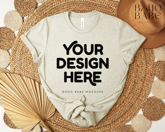 Bella Canvas 3001 HEATHER PRISM NATURAL T-shirt Mockup | Boho Design | Flatlay Vol.5