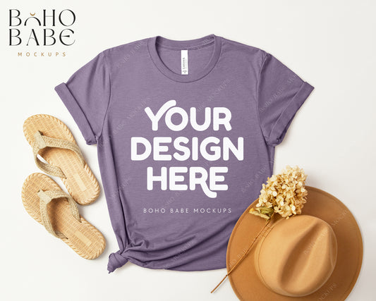 Bella Canvas 3001 HEATHER PURPLE T-shirt Mockup | Boho Design | Flatlay Vol.3