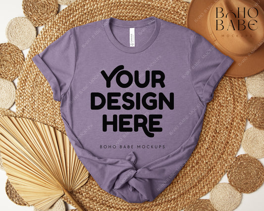Bella Canvas 3001 HEATHER PURPLE T-shirt Mockup | Boho Design | Flatlay Vol.5