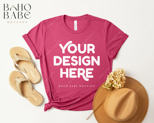 Bella Canvas 3001 HEATHER RASPBERRY T-shirt Mockup | Boho Design | Flatlay Vol.3