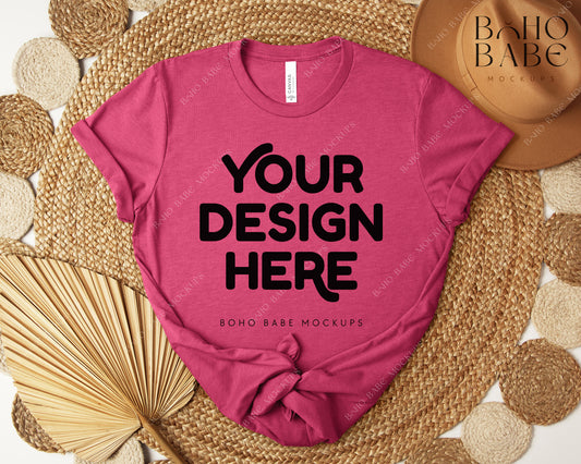 Bella Canvas 3001 HEATHER RASPBERRY T-shirt Mockup | Boho Design | Flatlay Vol.5