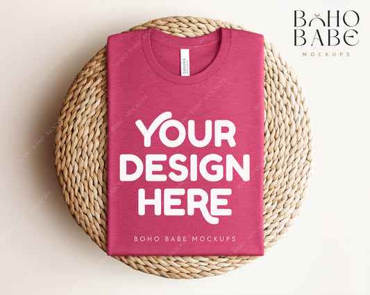 Bella Canvas 3001 HEATHER RASPBERRY T-shirt Mockup | Boho Babe Folded Mockup Design Vol.1