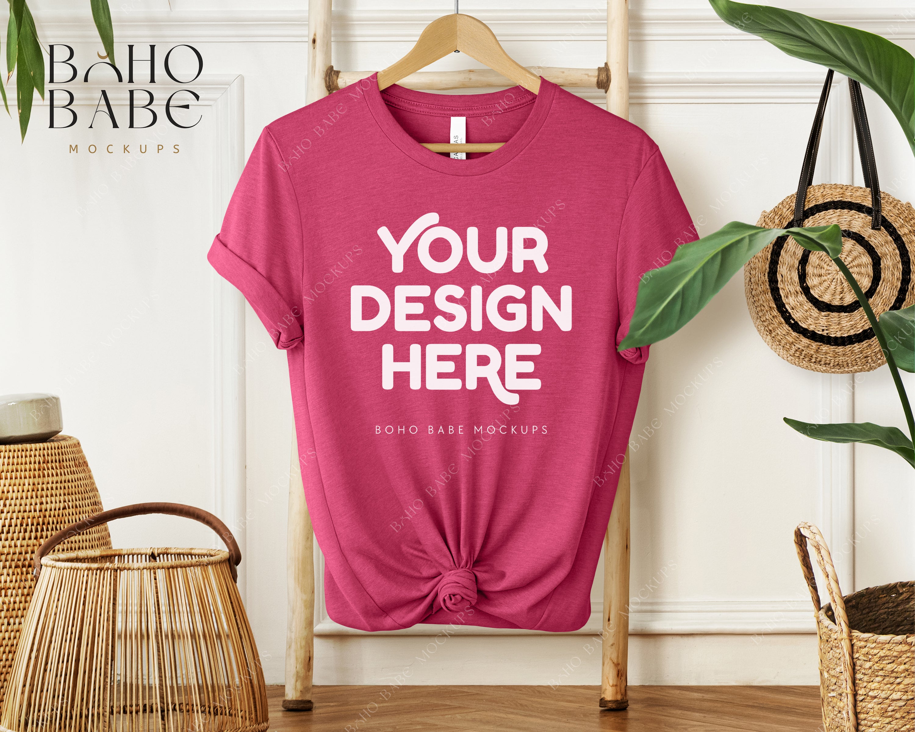 Bella Canvas 3001 HEATHER RASPBERRY T-shirt Mockup | Boho Babe Hanging ...
