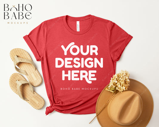 Bella Canvas 3001 HEATHER RED T-shirt Mockup | Boho Design | Flatlay Vol.3