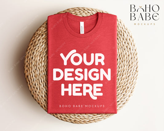 Bella Canvas 3001 HEATHER RED T-shirt Mockup | Boho Babe Folded Mockup Design Vol.1